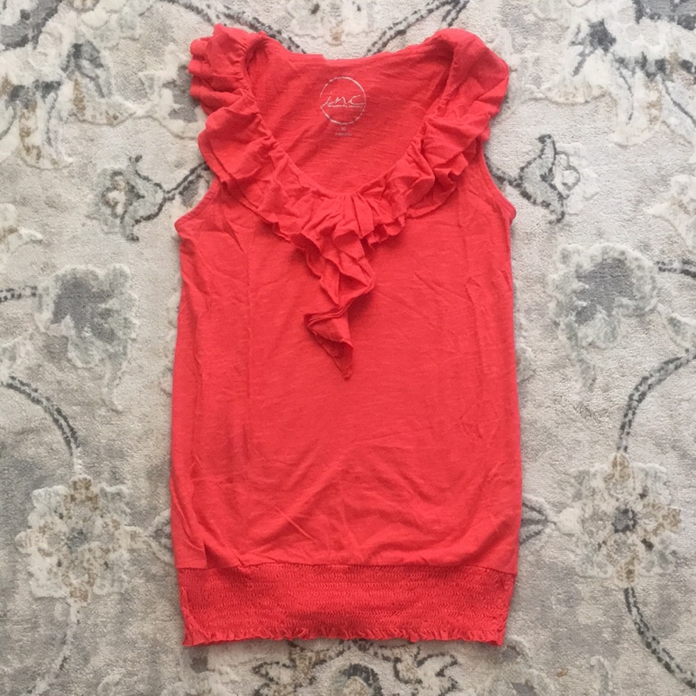 INC Slub Sleeveless Coral Double Ruffled Neck Top Womens Size XS
